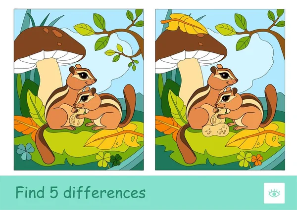 Encontre Cinco Diferenças Quiz Crianças Jogo Com Imagem Dois Esquilos — Vetor de Stock