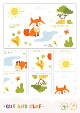 Renkli çocuklar orman deresinin yanında oturan bir tilkiyle kağıt kesip yapıştırıyorlar. Vahşi hayvanlar. Okul öncesi gelişim aktivitesi.