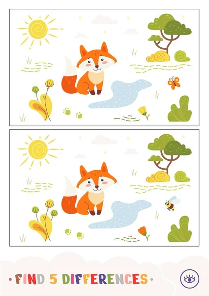 Find Five Differences Quiz Learning Children Game Fox Sitting Forest — Image vectorielle