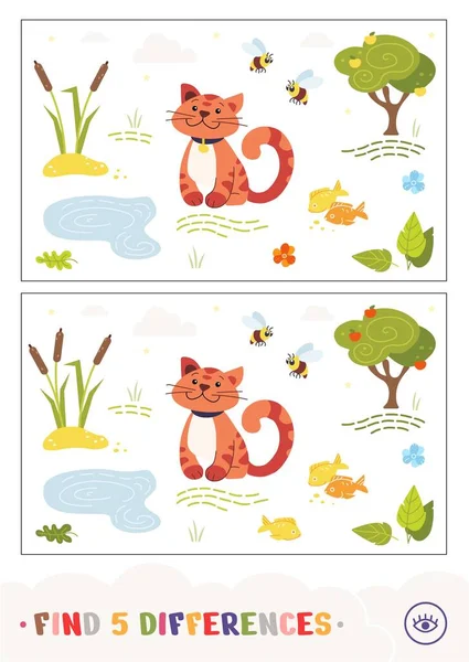 Find Five Differences Quiz Learning Children Game Striped Cat Sitting — Image vectorielle