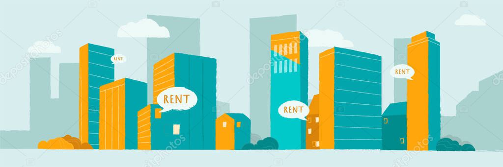 Horizontal vector banner template for professional and engaged real estate agencies with comfortable modern residential complex. Housing rental and property management services.