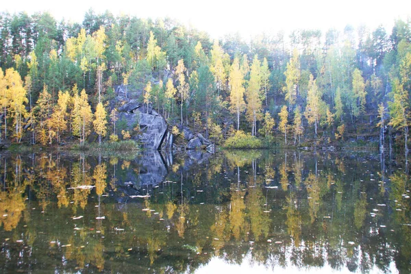 녹색과 노란색의 호수의 아름다운 풍경이다 전나무 물등을 수있다 가을철의 — 스톡 사진
