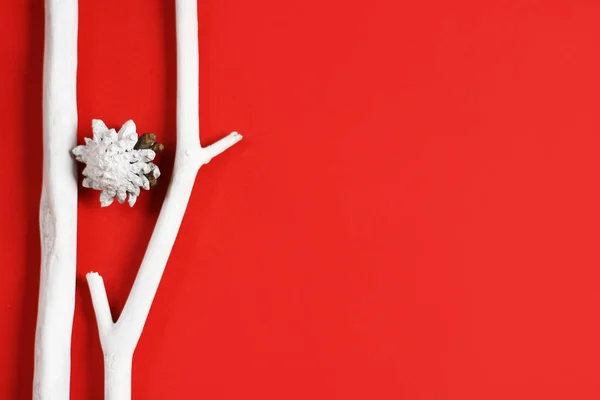 红色背景 白色的圣诞树枝条和白色的松果装饰 平铺风格 新年贺卡 — 图库照片