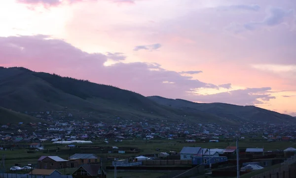 Malam Ulaanbaatar Mongolia Pemandangan Indah Matahari Terbenam Atas Kota — Stok Foto