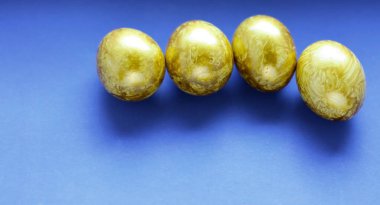 Söğüt dalı ve yumurtalarla üst düzey doğu kompozisyonu. Sarı yumurtalı Paskalya tebrik kartı mavi arka planda söğüt ağacı, kopyalama alanı. Sancak boyutu