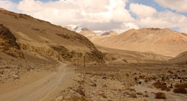 Pamir Otoyolu Tacikistan 'daki Pamir Dağları' nın çöl manzarasında. Afganistan solda.