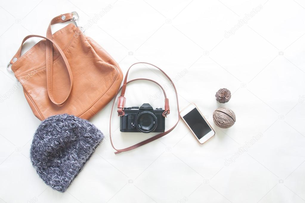Travel things for traveling on white background top view