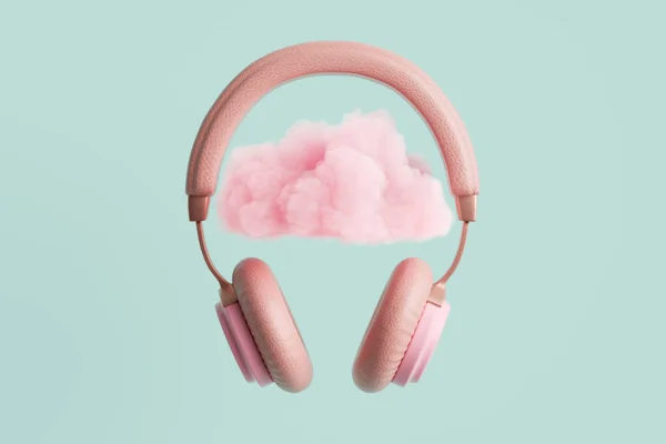 带云彩3D插图的粉色耳机 — 图库照片