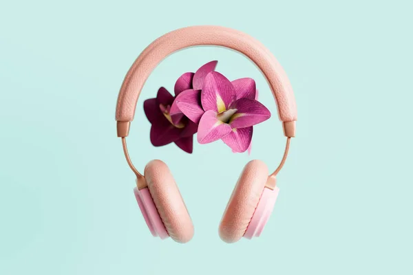 Fones de ouvido rosa com flores ilustração 3D — Fotografia de Stock