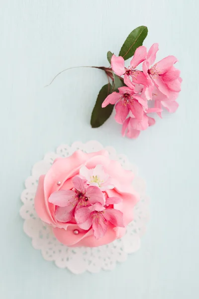 Cupcake and cherry blossoms — Stock Photo, Image