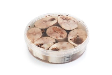 Salted herrings in a plastic pot  clipart