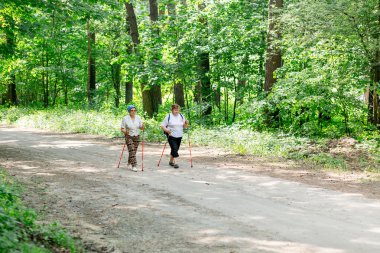 İki yaşlı kadın Nordic walking pratik