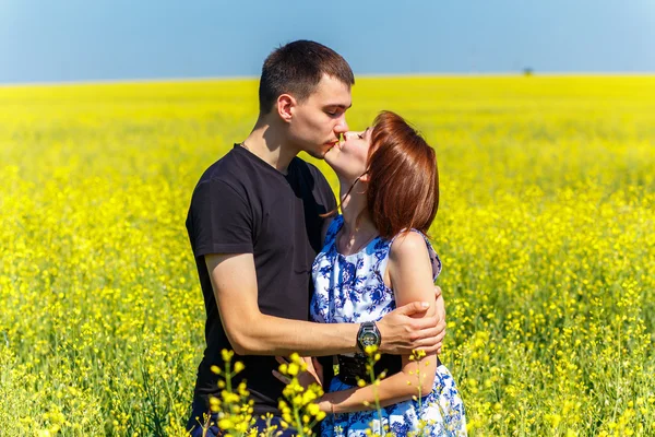 Bild eines glücklichen Paares, das sich in gelber Wiese küsst — Stockfoto