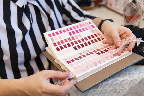 Female Fashion Designer Holding Color Samples Choosing Fabric Textile Workplace — Stock Photo, Image