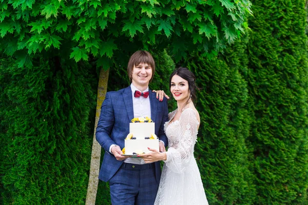 Pasgetrouwden Bruidsmeisjes Hebben Plezier Eten Samen Bruidstaart Frisse Lucht Bruiloftsbanket — Stockfoto