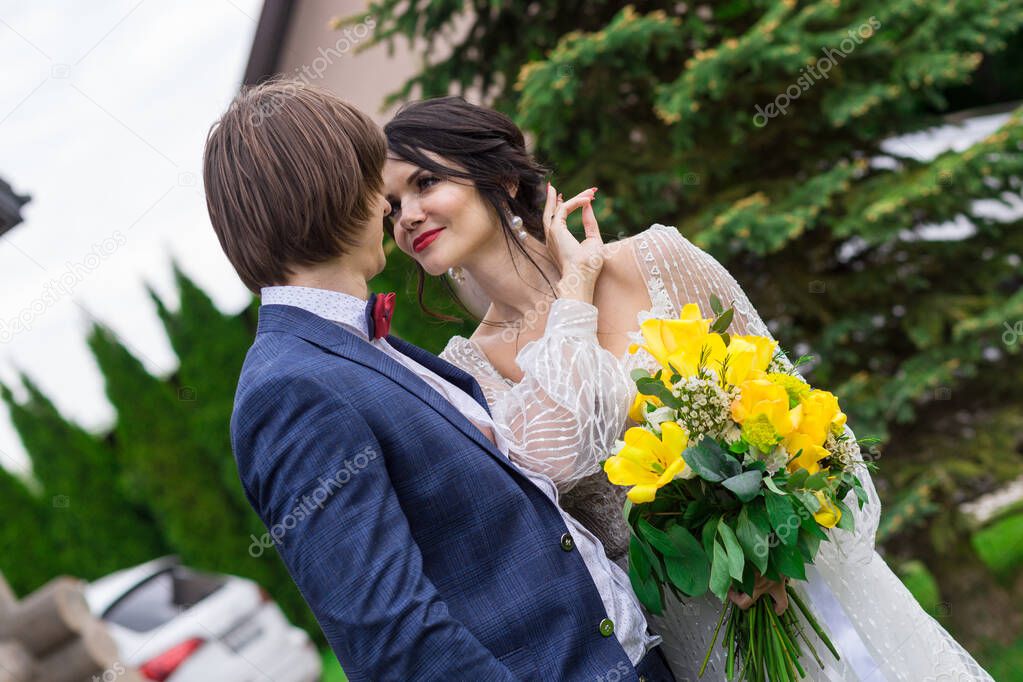 Newly married posing near by luxurious wooden mansion on wedding ceremony