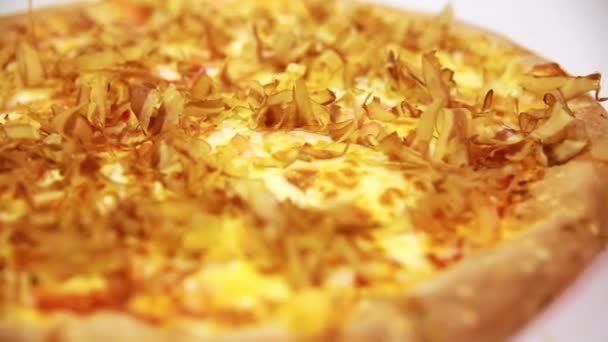 Sıcak deniz mahsullü pizza hamuruna somon talaşı serpiyorum.. — Stok video