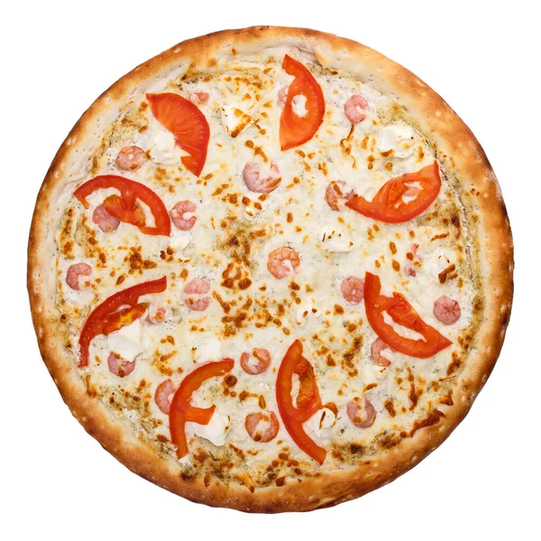 Vista Superior Sobre Pizza Italiana Frutos Mar Com Camarões Tomates — Fotografia de Stock