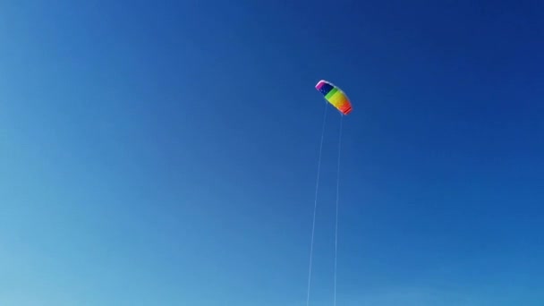 一个快乐的男孩在犁地里向天空发射了一个明亮的彩虹风筝 在田里和风一起玩 夏天的概念 课间休息生活方式 4K镜头 — 图库视频影像