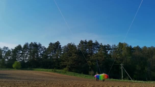 Two Boys Help Launch Bright Rainbow Kite Sky Plowed Field — Stock Video