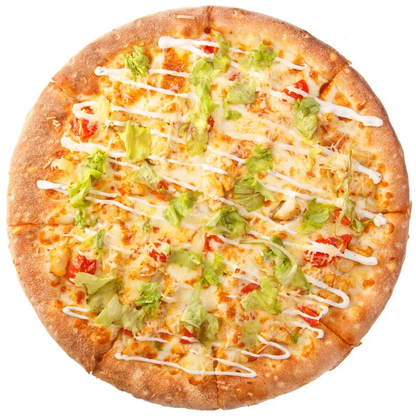 Vista Superior Pizza Con Pechuga Pollo Piña Queso Mozzarella Aislado — Foto de Stock
