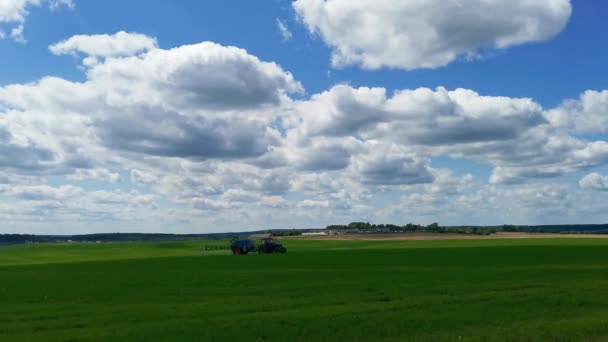 Spraya Ett Grönt Vetefält Med Traktor Jordbrukstraktorn Sprutar Fältet Med — Stockvideo