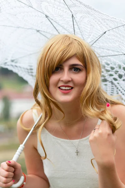 Girl White Dress White Sun Umbrella Posing City Background — Stock Photo, Image