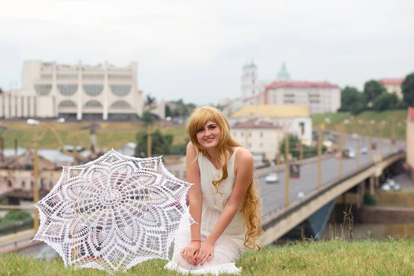 Girl White Dress White Sun Umbrella Posing City Background — Stock Photo, Image