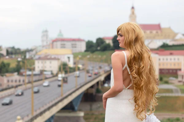 Girl White Dress White Sun Umbrella Posing City Background — Stock Photo, Image