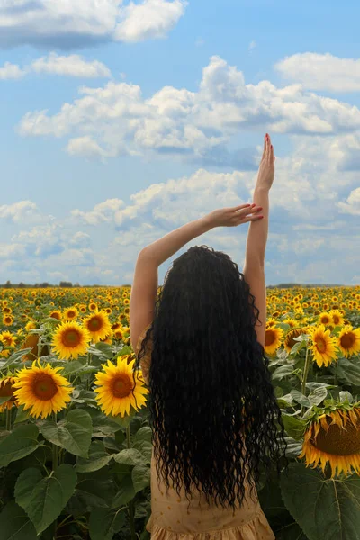 Young Female Black Curly Hair Yellow Dress Stay Sunflower Field — Stock Photo, Image