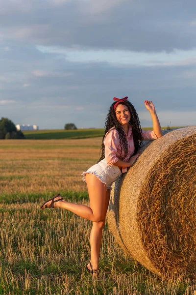 Retrato Hermosa Chica Vestida Sexy Posando Con Rollo Pajar Campo —  Fotos de Stock