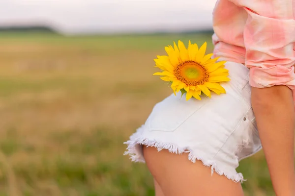 Großaufnahme Einer Frau Die Einem Warmen Sonnigen Tag Eine Sonnenblume — Stockfoto