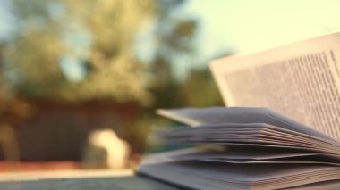 Şiddetli rüzgârların savurduğu sayfaları içeren açık bir kitap.