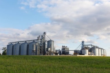 Modern Granary asansörü ve tohum temizleme hattı. Tarım işleme ve üretim tesisinde gümüş silolar depolama ve işleme için tarım ürünleri, un, tahıl ve tahıl kuru temizleme.