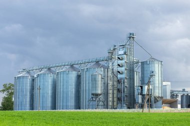 Modern Granary asansörü ve tohum temizleme hattı. Tarım işleme ve üretim tesisinde gümüş silolar depolama ve işleme için tarım ürünleri, un, tahıl ve tahıl kuru temizleme.