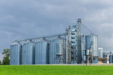 Modern Granary asansörü ve tohum temizleme hattı. Tarım işleme ve üretim tesisinde gümüş silolar depolama ve işleme için tarım ürünleri, un, tahıl ve tahıl kuru temizleme.