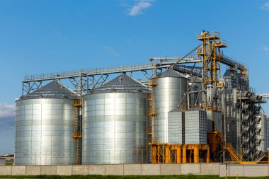 Modern Granary asansörü ve tohum temizleme hattı. Tarım işleme ve üretim tesisinde gümüş silolar depolama ve işleme için tarım ürünleri, un, tahıl ve tahıl kuru temizleme.