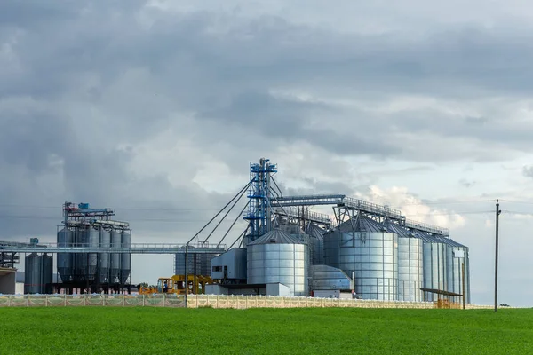 Modern Granary Elevator Seed Cleaning Line Silver Silos Agro Processing — Stock Photo, Image