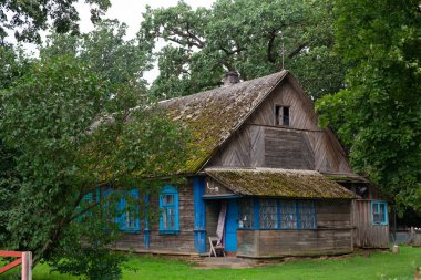 Belarus köyünde eski bir ahşap ev ve bahçe.