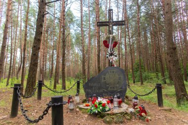 Minevich, Belarus - 08 Ağustos 2021: İnsanlar 1986 'da Kastus Kalinovsky liderliğindeki ayaklanma sırasında ölen 40 asinin anısına anma törenine hala çiçek getiriyorlar.