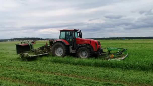 Modern traktör Belarus-3522 tarım alanında taze yeşil çim biçiyor. — Stok video