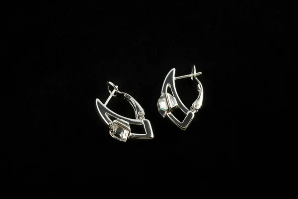 Silver earrings with crystals — Stock Photo, Image