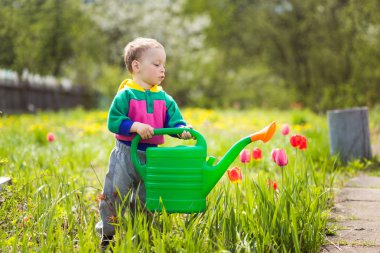 sevimli küçük çocuk sulama çiçekler 