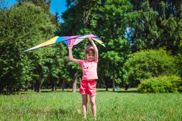 Little girl play with colored kite in the park. — Stock Photo, Image