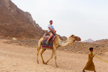 Arap çocuk turistler bir deve üzerinde rulo..