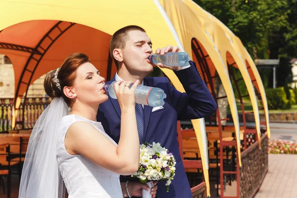 The bride and groom quench thirst — Stock Photo, Image