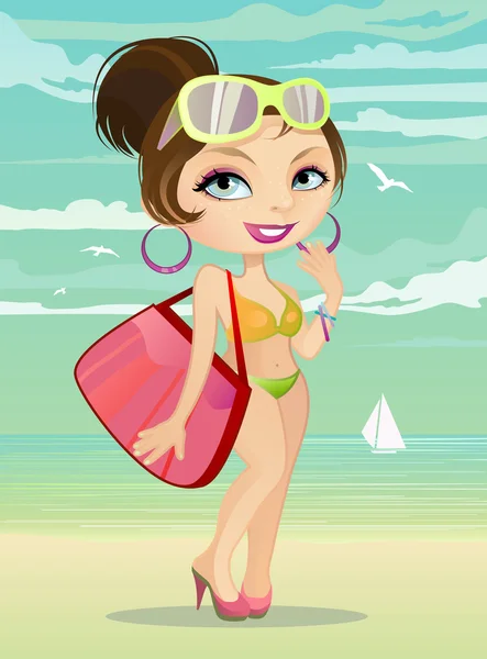 Chica en la playa — Vector de stock