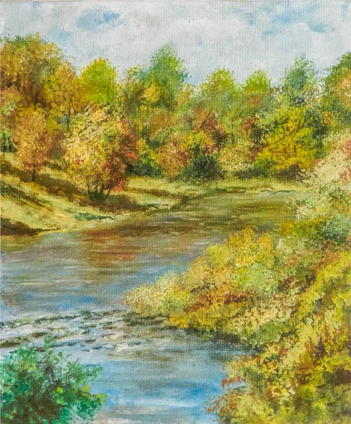 Autumn landscape of rivers and wooded banks. Illustration of an art painting
