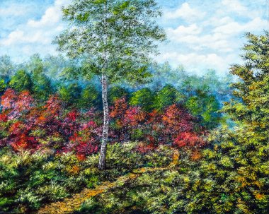 Arka planda yalnız ağaç ve orman var. Ateşli renklerin sonbahar manzarası