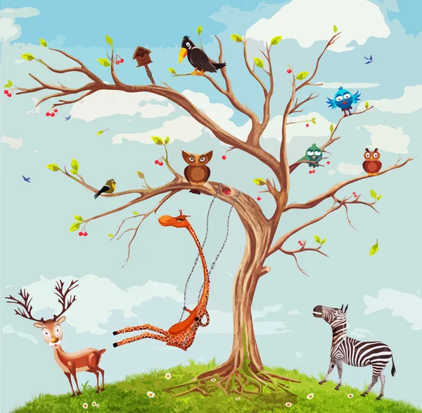 Ilustración vectorial de animales en el árbol — Archivo Imágenes Vectoriales